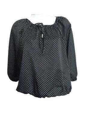 Ellen Tracy Women's Black and White Polka Dot 3/4 Sleeve Blouse, Elastic Hem
